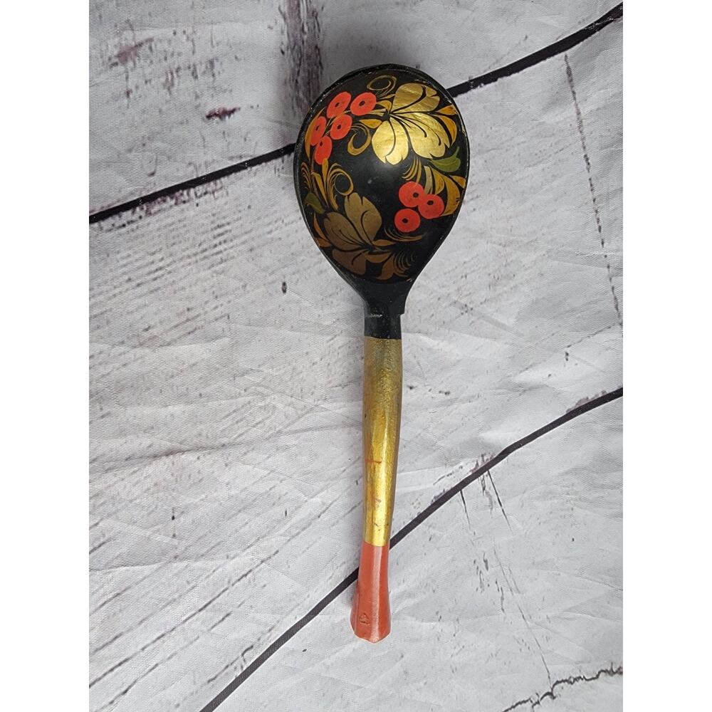 Vintage Russian Folk Art Khokhloma Spoon Wood Hand painted Lacquer